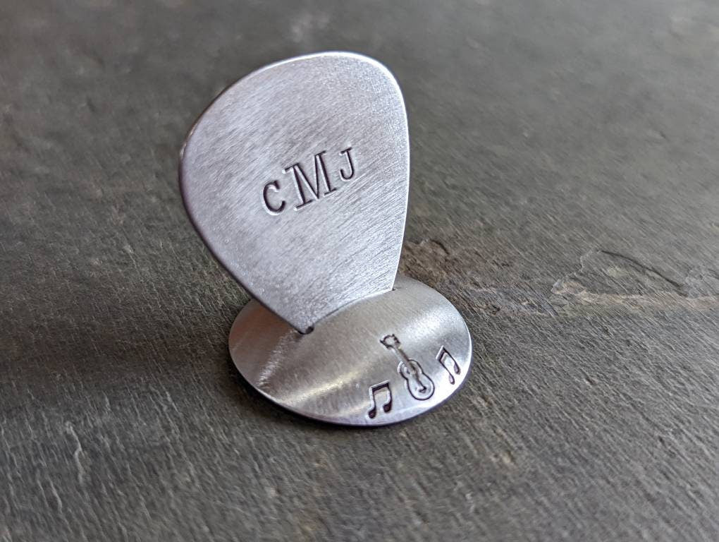 Sterling silver guitar pick and stand with Monogram