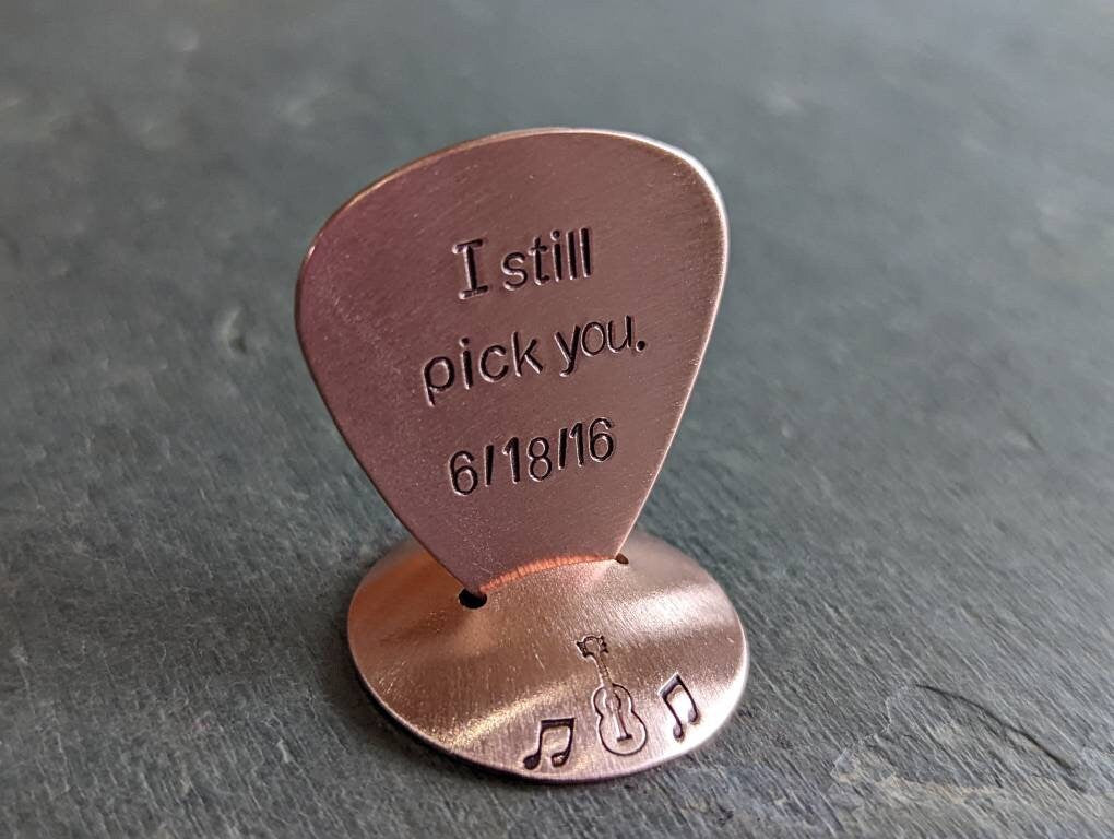 I still pick you copper anniversary guitar pick with guitar pick stand