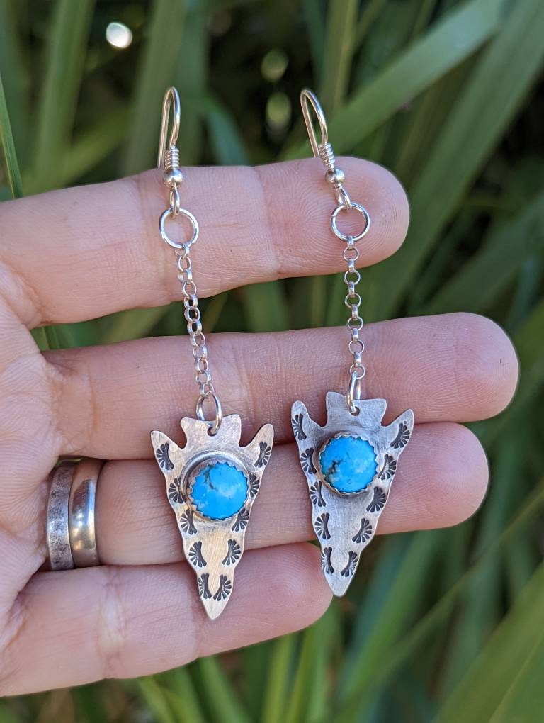 Sterling Silver arrowhead earrings with 8mm Kingman mine turquoise