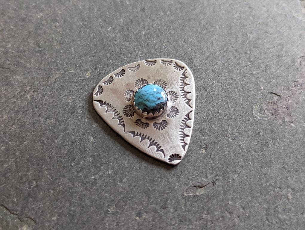 Turquoise stone on sterling silver guitar pick - 10 mm stone