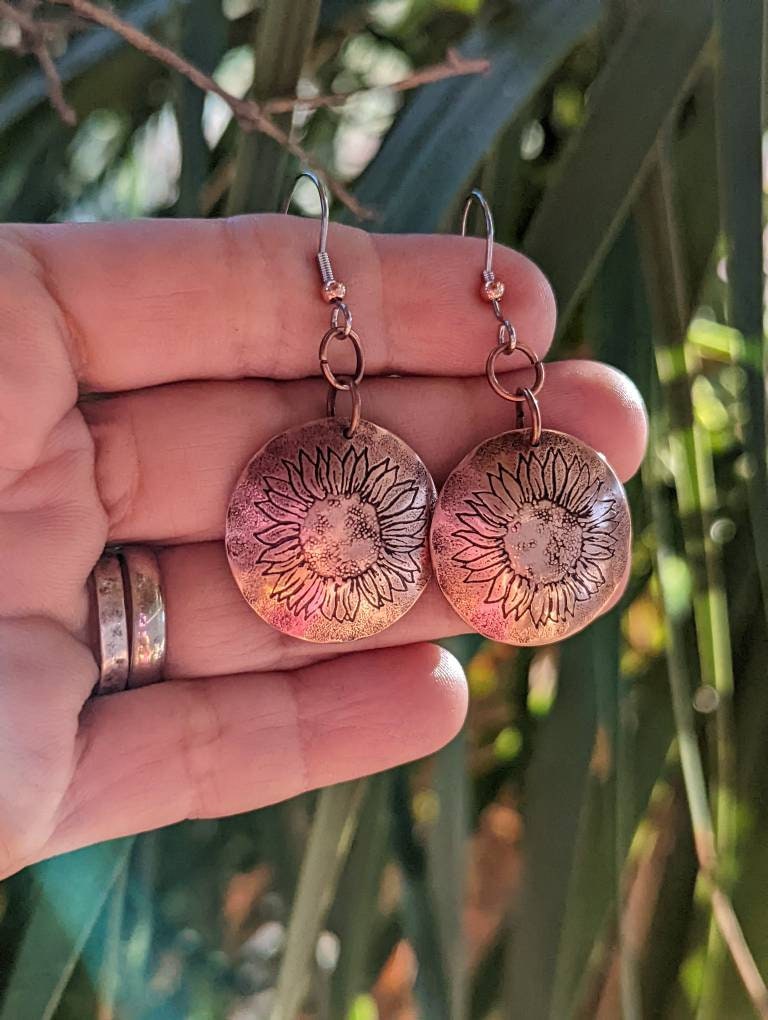 Sunflower stamped copper earrings