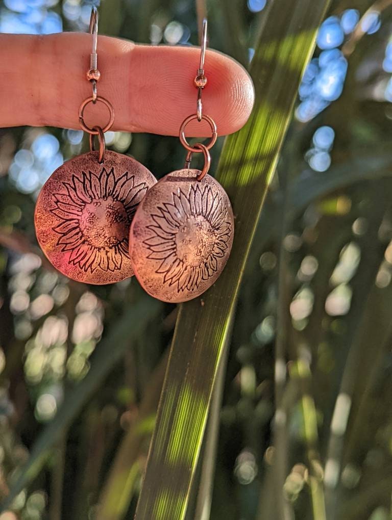 Sunflower stamped copper earrings