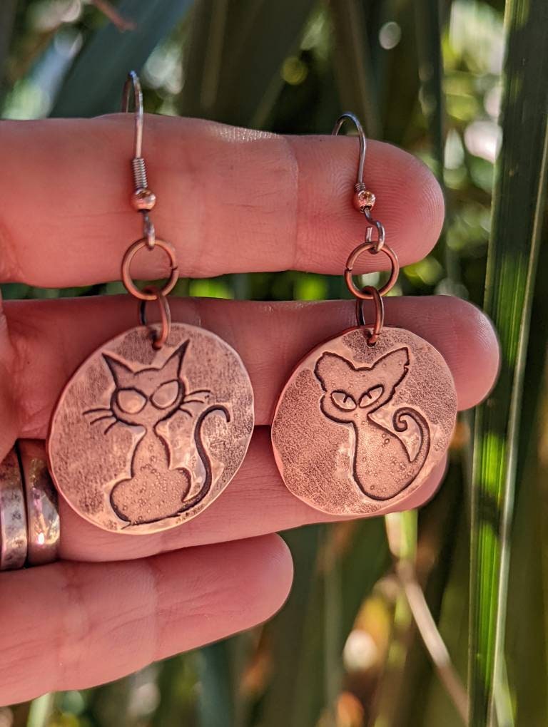 Cat earrings in rustic copper