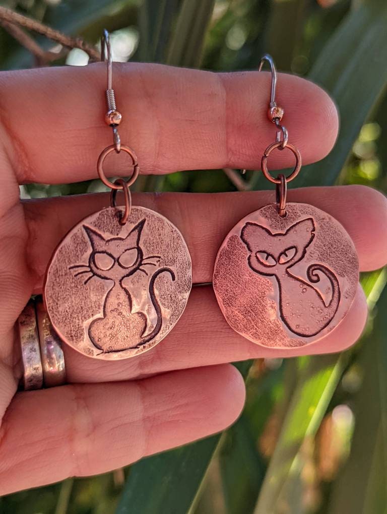 Cat earrings in rustic copper