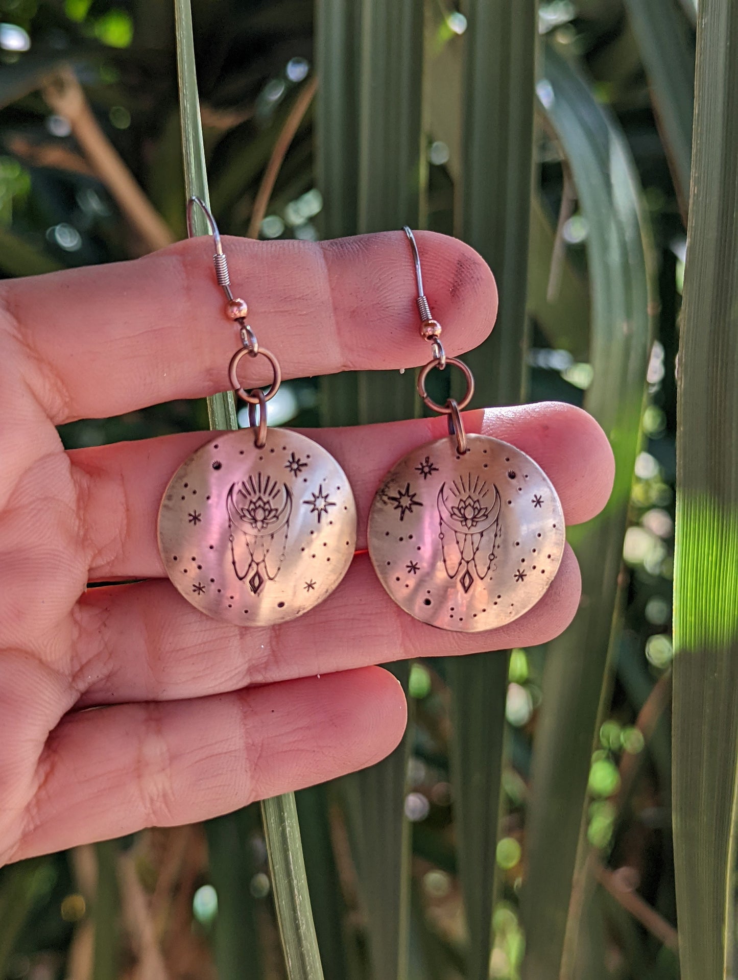 bronze crystal and moon earrings with stars - handmade and hand stamped - celestial dangle earrings