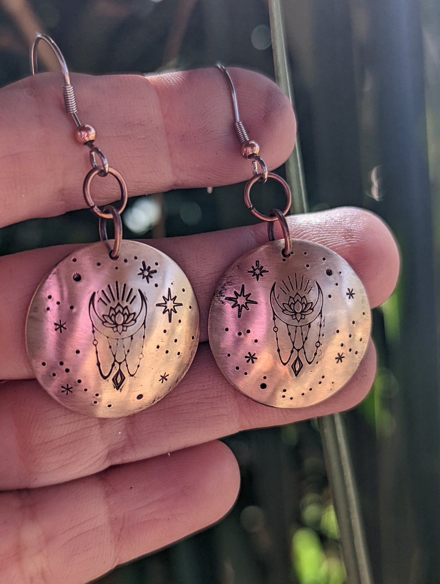 bronze crystal and moon earrings with stars - handmade and hand stamped - celestial dangle earrings