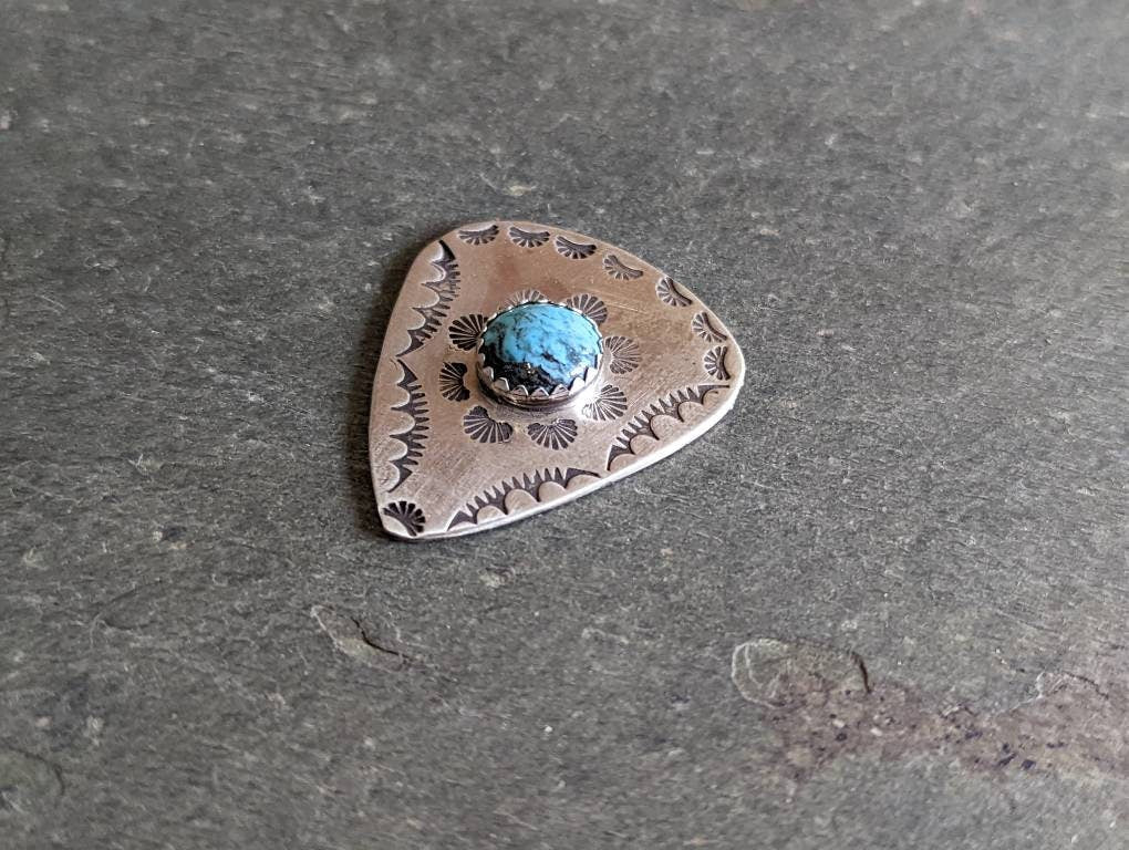 Turquoise stone on sterling silver guitar pick - 10 mm stone