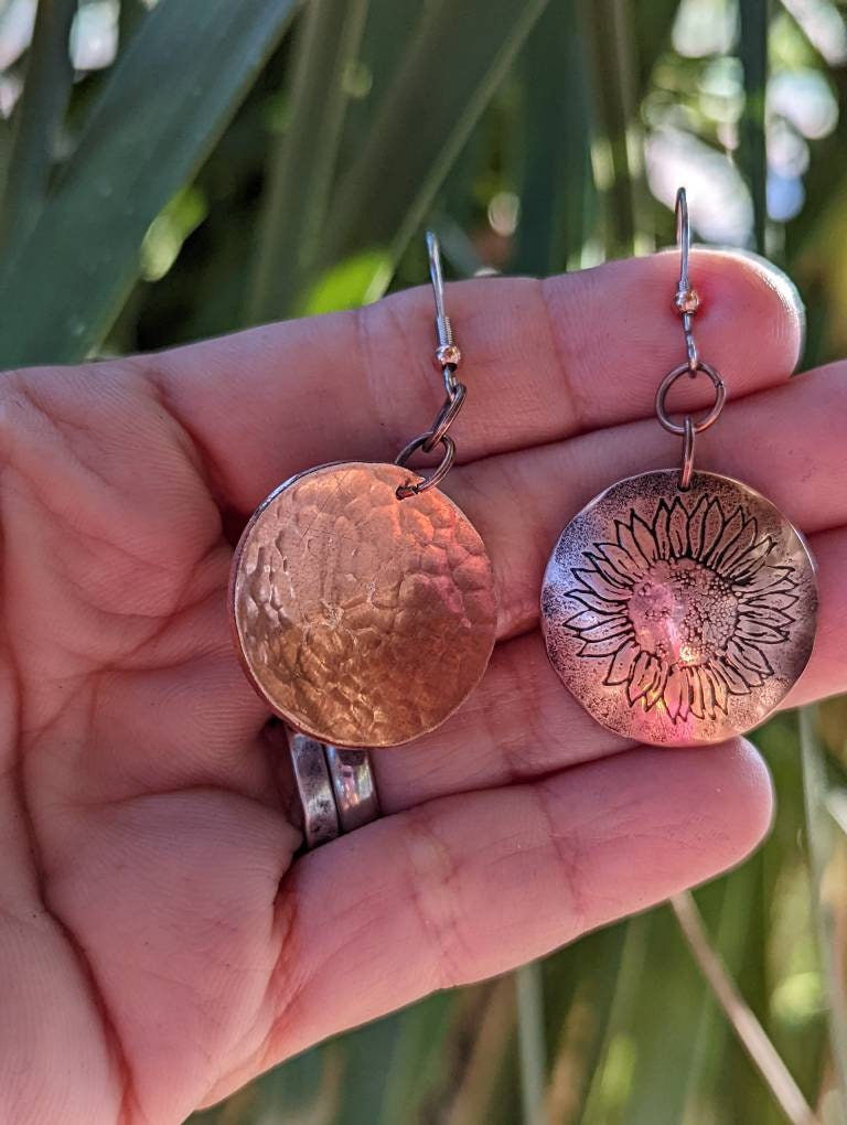 Sunflower stamped copper earrings