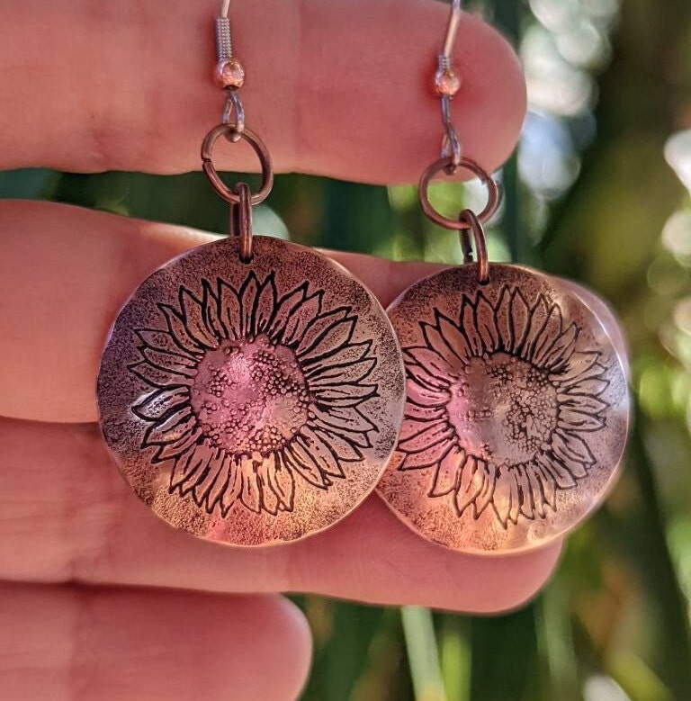 Sunflower stamped copper earrings