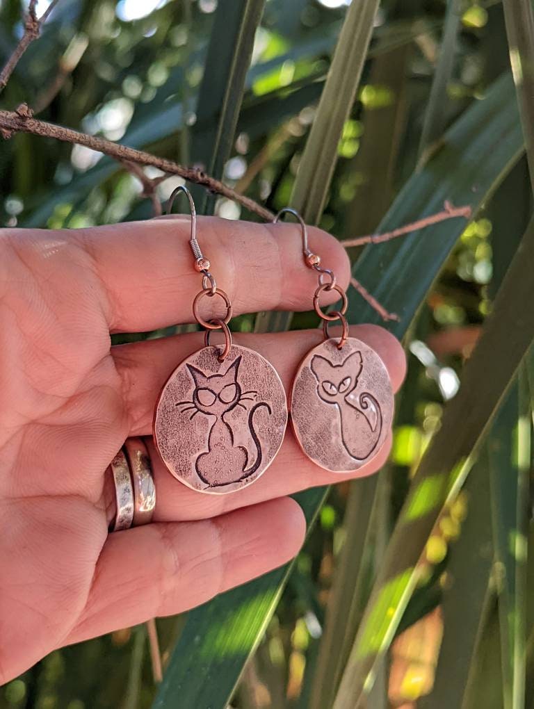 Cat earrings in rustic copper