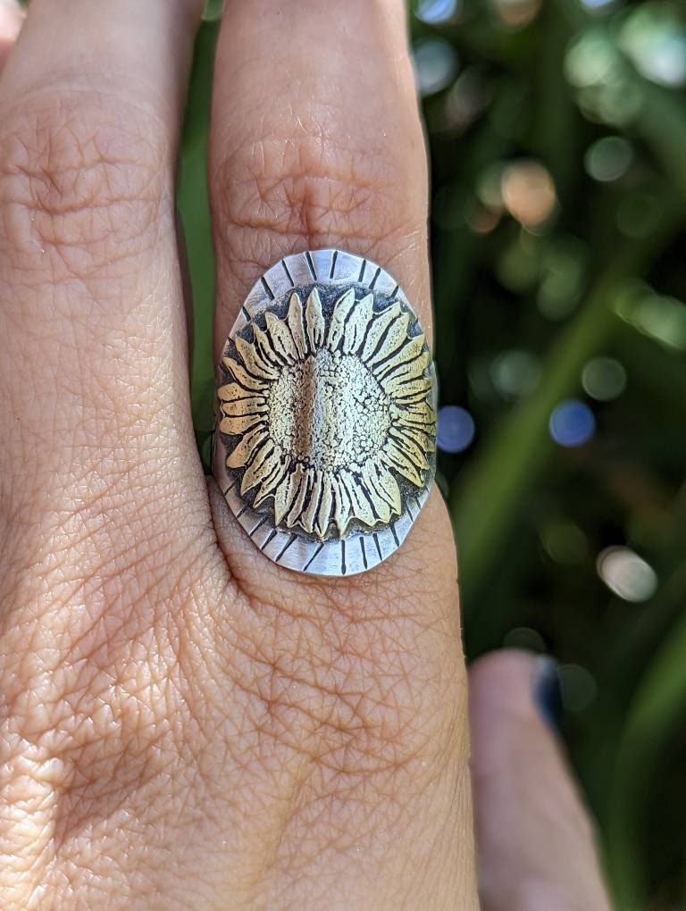 Sterling silver ring with brass sunflower - statement ring - saddle ring - wide ring - boho style - mixed metals
