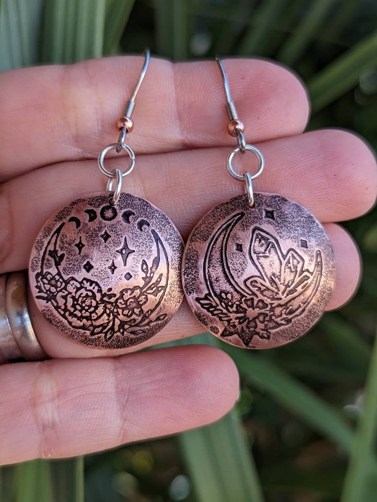 Crystal moon and stars copper disc earrings