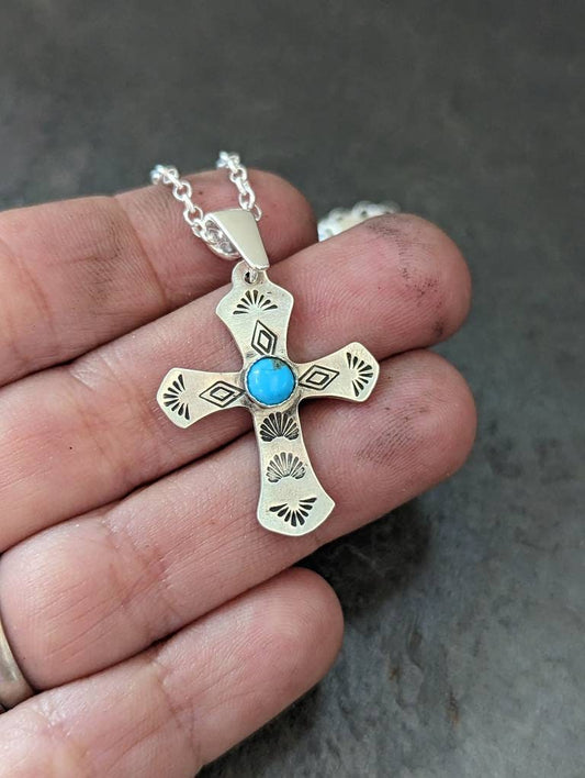 dainty sterling silver cross charm necklace with 5mm Kingman mine turquoise - hand stamped