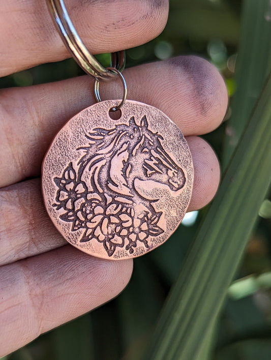 Copper key ring with horse and flowers - handmade