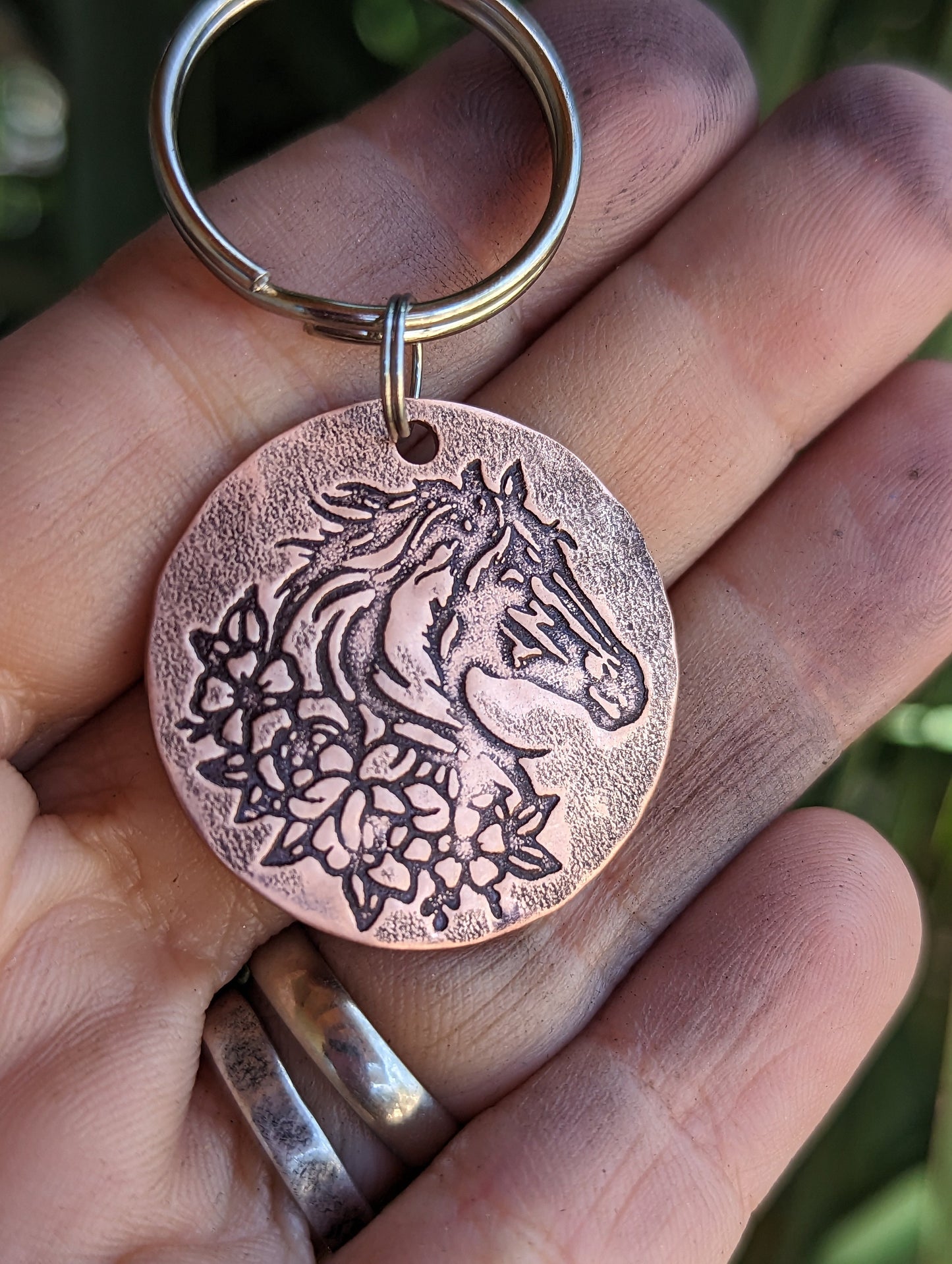Horse and flowers on a copper key ring