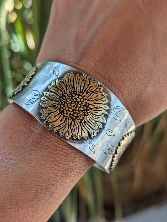 Sunflower themed sterling silver cuff bracelet