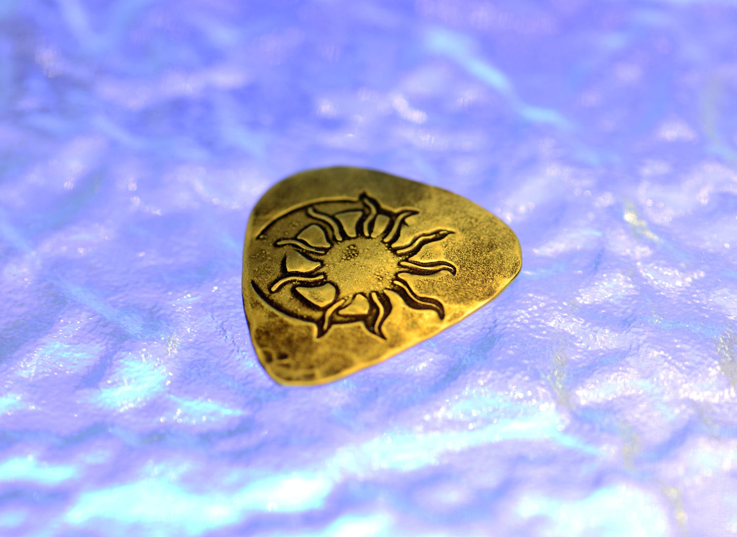 Sun and moon brass guitar pick - totally playable with hammered texture on back