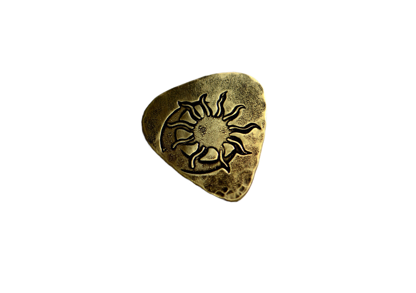 Sun and moon brass guitar pick - totally playable with hammered texture on back