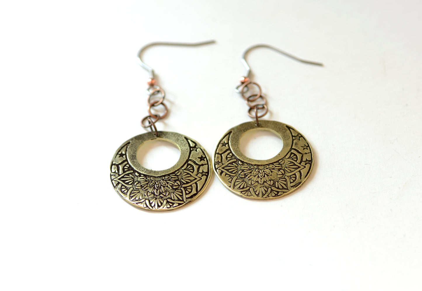 brass earrings - boho style lotus flower pattern - handmade - ornate dangle earrings