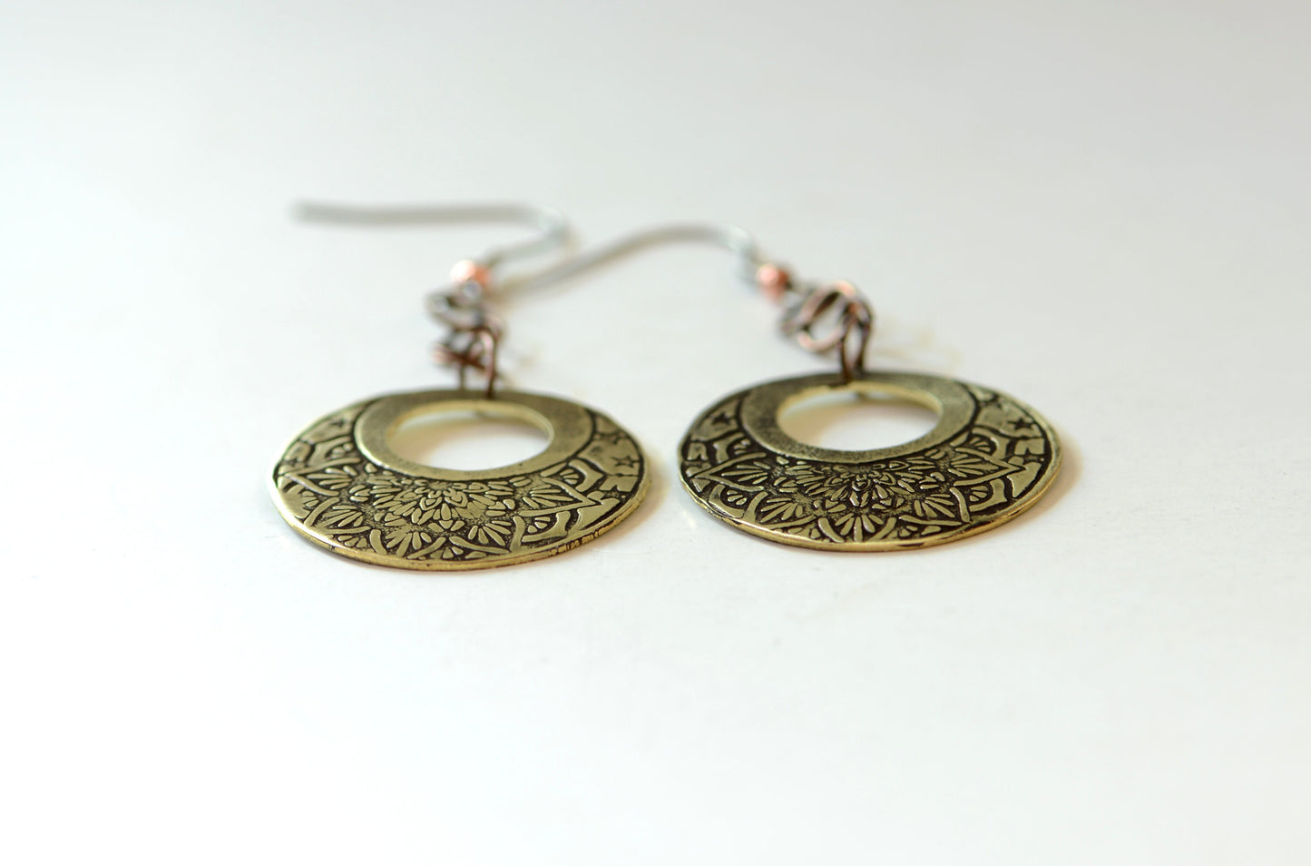 brass earrings - boho style lotus flower pattern - handmade - ornate dangle earrings