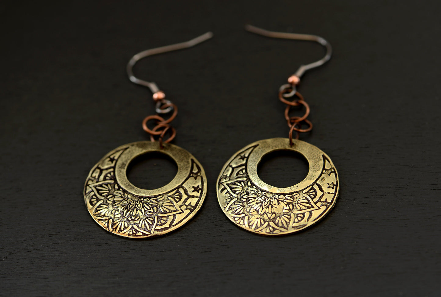 brass earrings - boho style lotus flower pattern - handmade - ornate dangle earrings