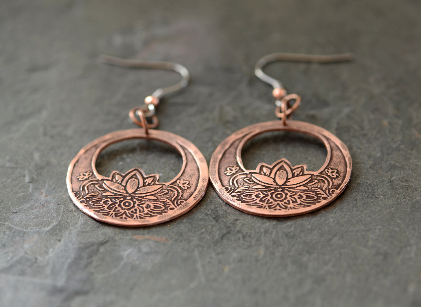 copper lotus earrings - dangle earrings - yoga inspired earrings - boho style