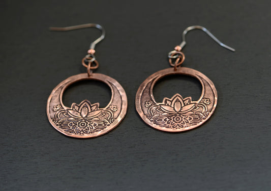 copper lotus earrings - dangle earrings - yoga inspired earrings - boho style