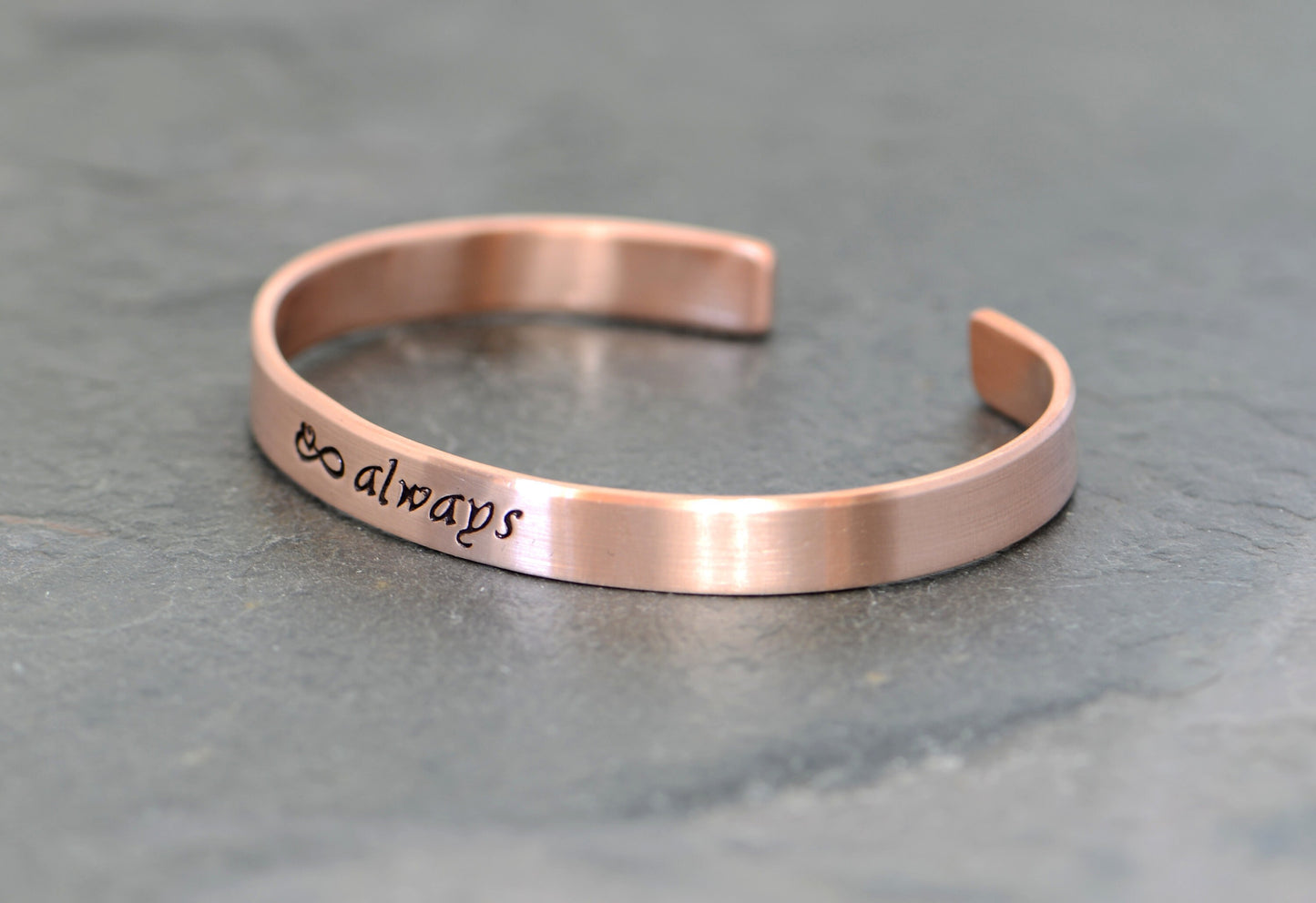 copper cuff bracelet for 7th anniversary or copper anniversary - or just because - infinity sign and always