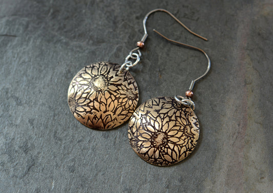 bronze sun flower dangle earrings domed - hammered on the inside - hypo allergenic ear wires