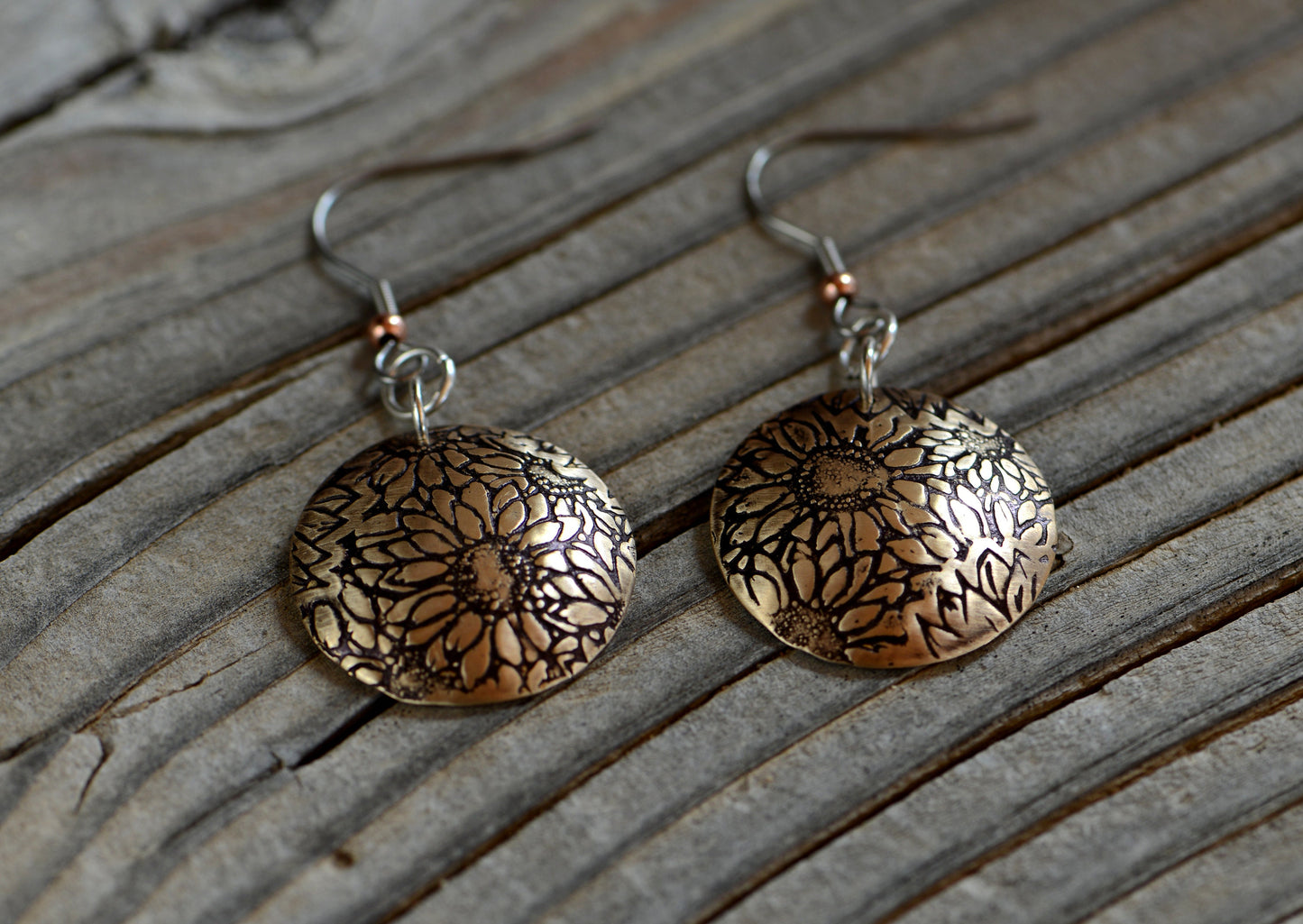 bronze sun flower dangle earrings domed - hammered on the inside - hypo allergenic ear wires