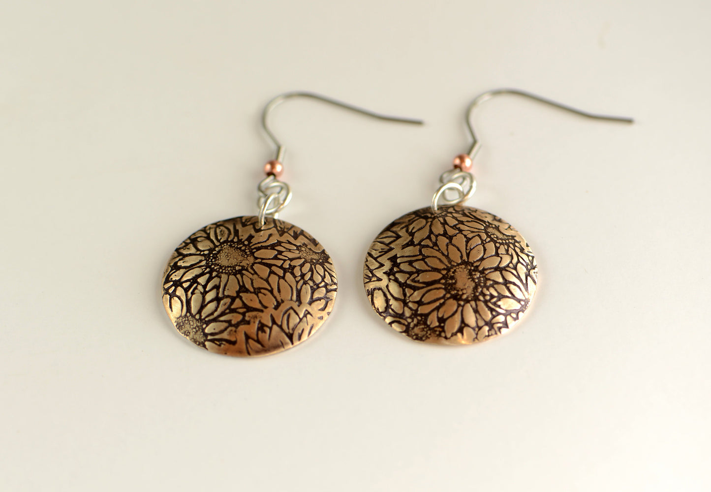 bronze sun flower dangle earrings domed - hammered on the inside - hypo allergenic ear wires