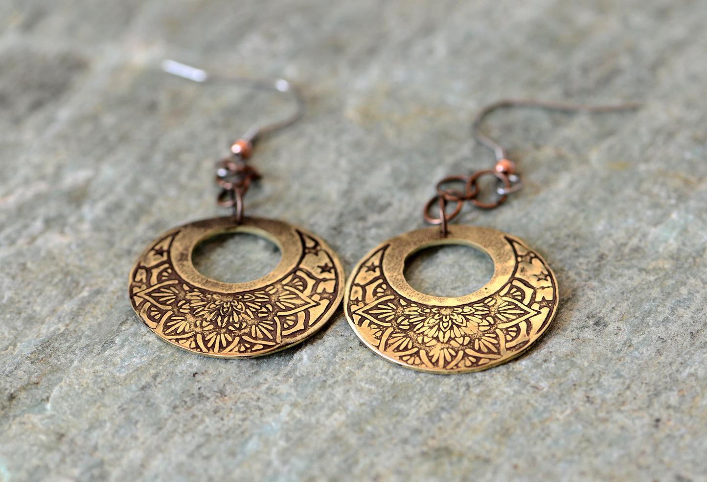 brass earrings - boho style lotus flower pattern - handmade - ornate dangle earrings