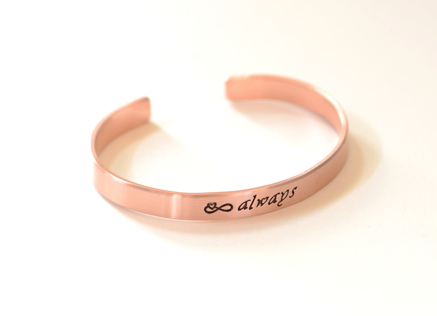copper cuff bracelet for 7th anniversary or copper anniversary - or just because - infinity sign and always