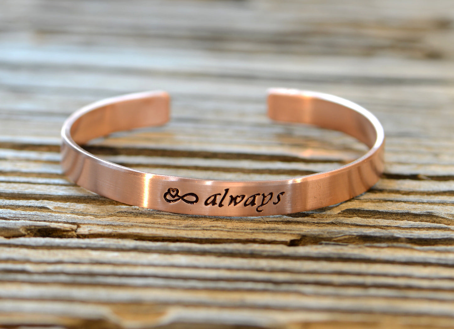 copper cuff bracelet for 7th anniversary or copper anniversary - or just because - infinity sign and always