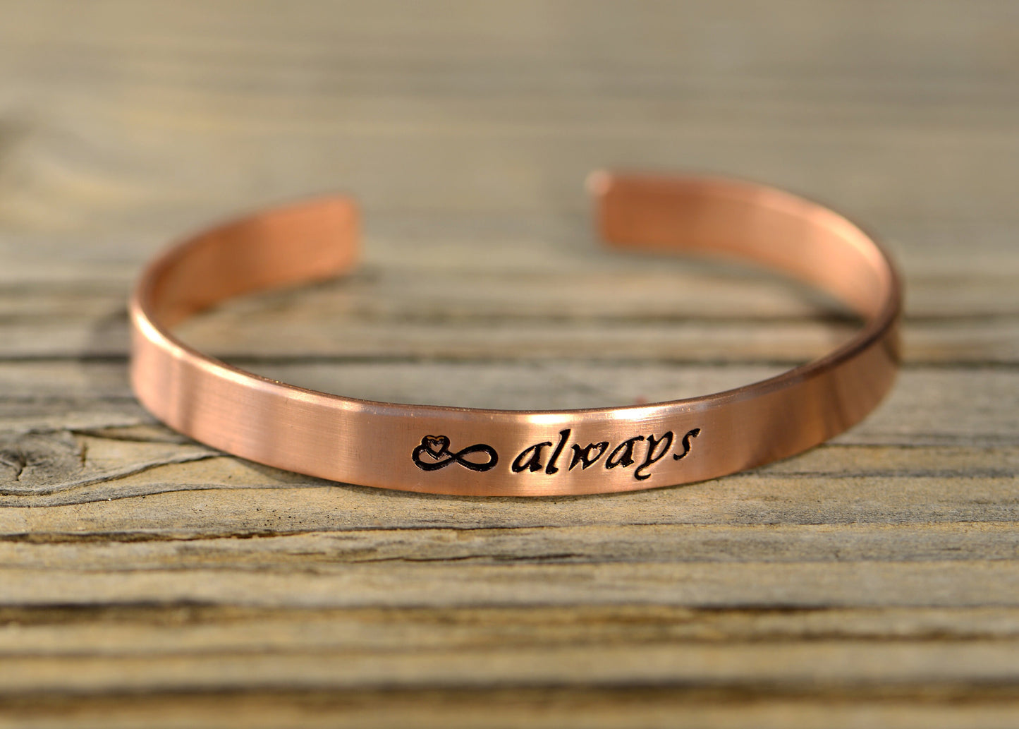 copper cuff bracelet for 7th anniversary or copper anniversary - or just because - infinity sign and always