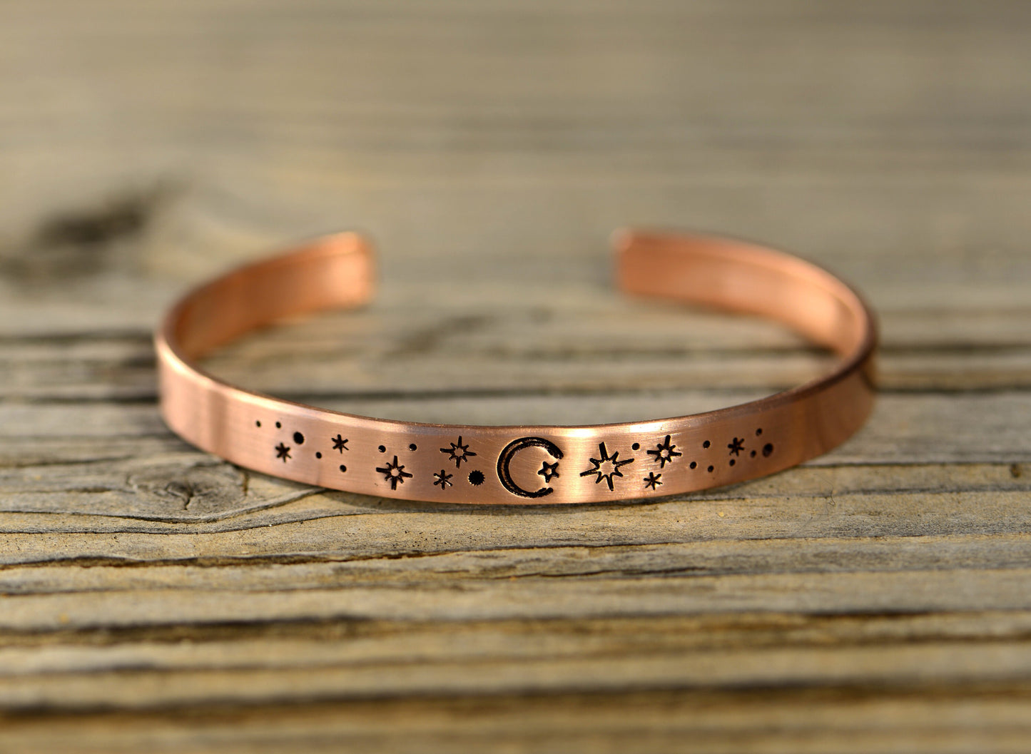 copper cuff bracelet with stars and moon - brushed finish - hand stamped