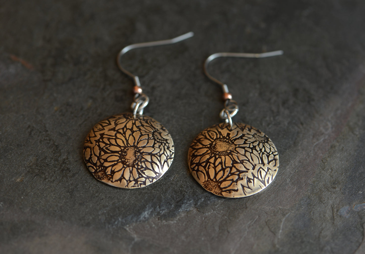 bronze sun flower dangle earrings domed - hammered on the inside - hypo allergenic ear wires