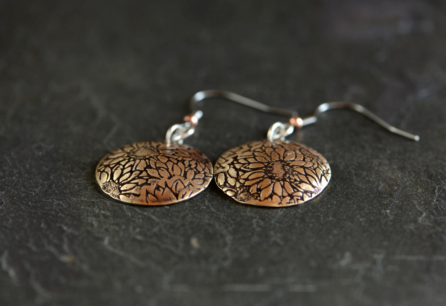 bronze sun flower dangle earrings domed - hammered on the inside - hypo allergenic ear wires