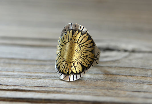 Brass sunflower on sterling silver custom saddle ring or cigar ring