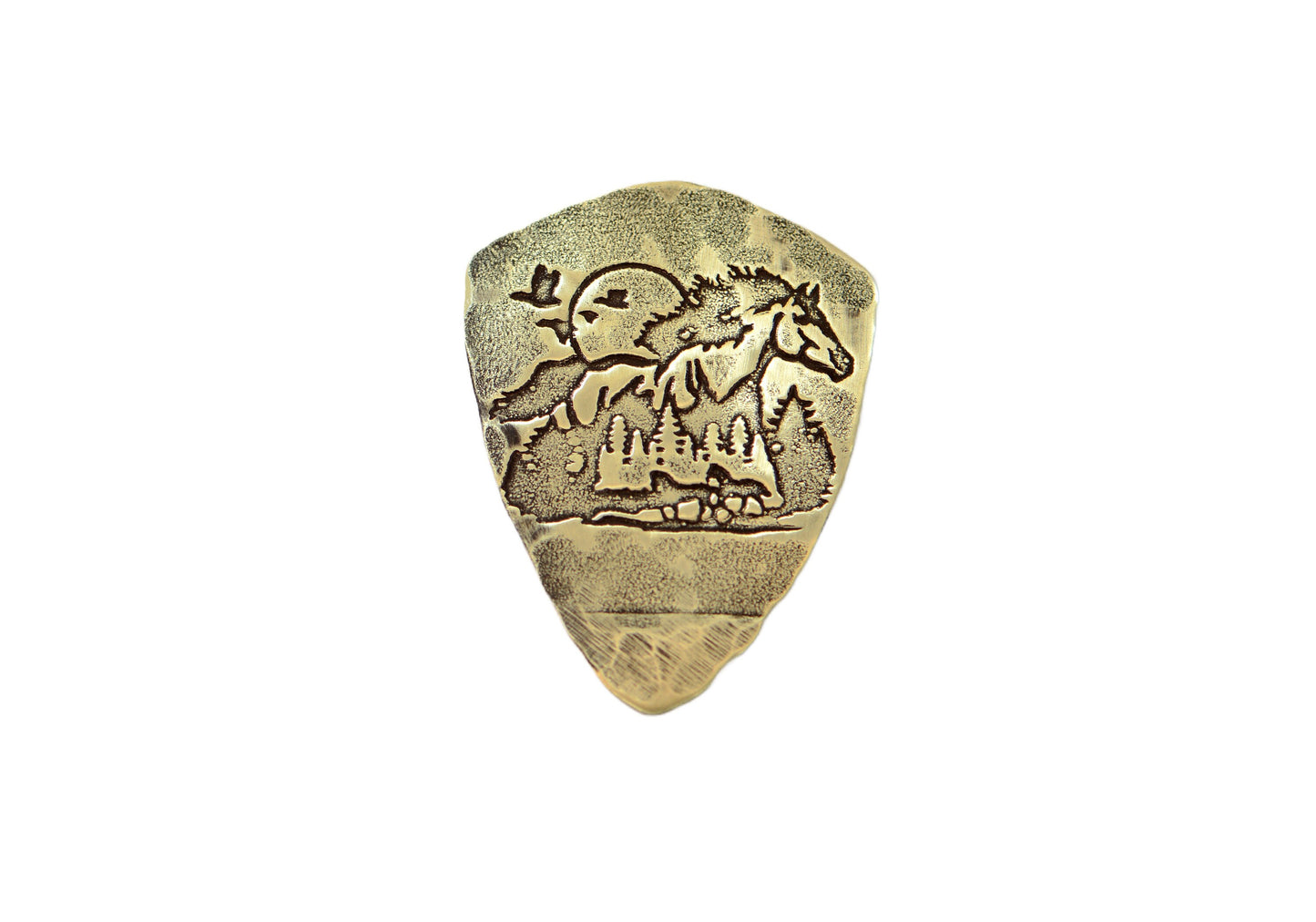 Shield shaped brass guitar pick with horse and forest