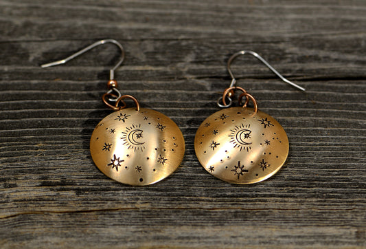 Bronze moon and stars bohemian dangle earrings