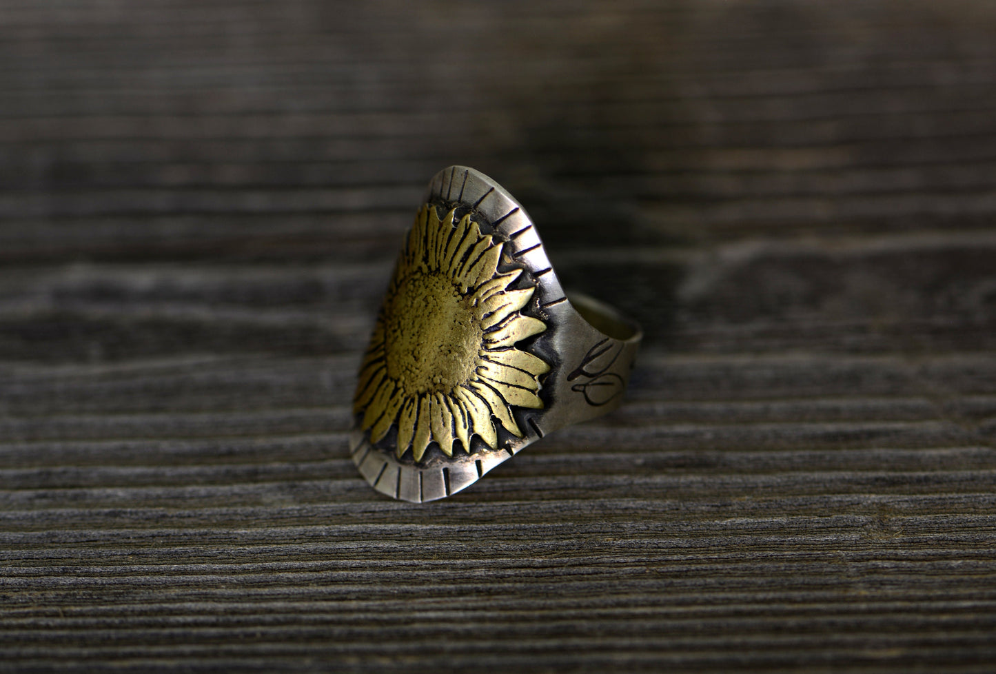 Brass sunflower on sterling silver custom saddle ring or cigar ring