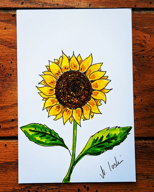 Original sunflower drawing made with alcohol ink on Glossy paper - 4 x6 inch mini drawing