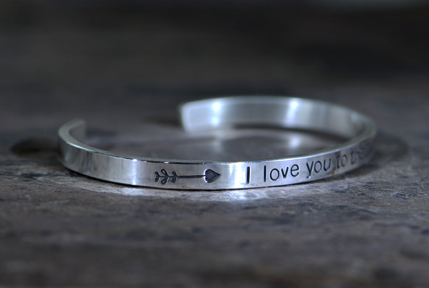 Sterling silver stacking bracelet with arrows and I love you to the moon and back