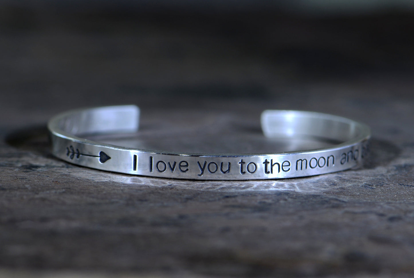 Sterling silver stacking bracelet with arrows and I love you to the moon and back
