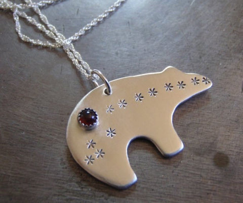 Sterling Silver Spirit Bear with Red Garnet Necklace, NiciArt 