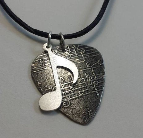 Sterling Silver Guitar Pick necklace with music note