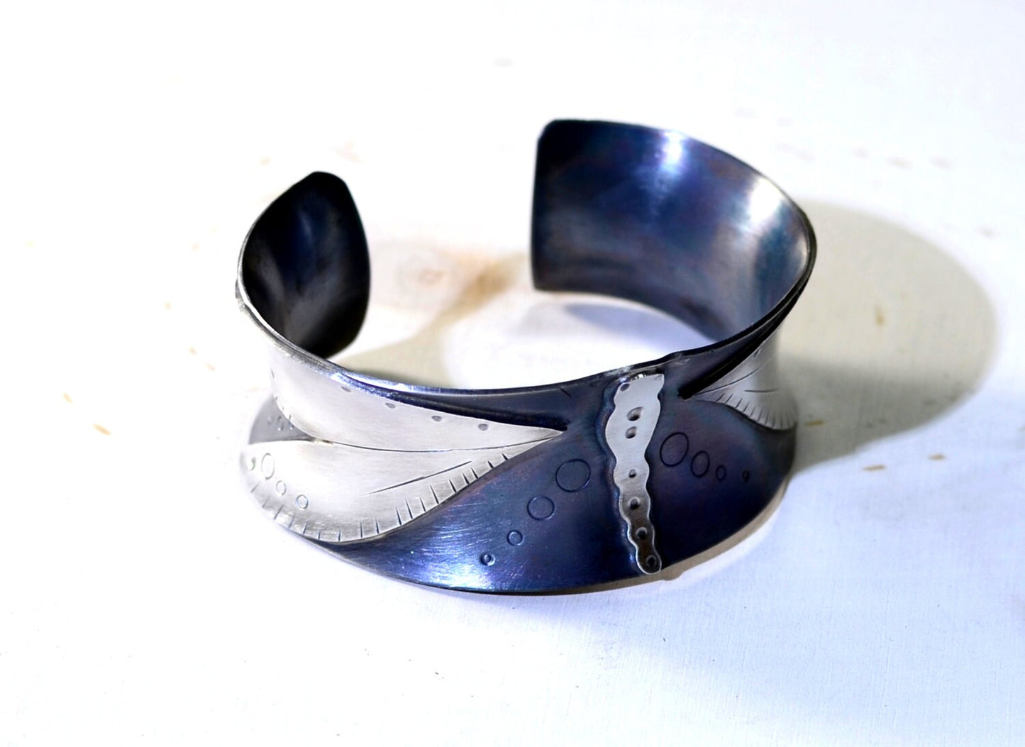 Dragonfly Bracelet in Sterling Silver with Anticlastic Shape and Metallic Patina