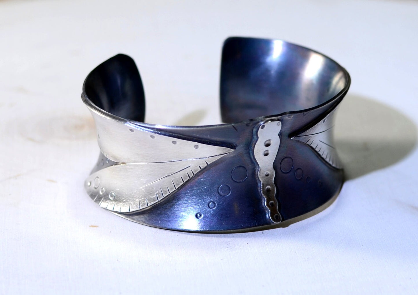 Dragonfly Bracelet in Sterling Silver with Anticlastic Shape and Metallic Patina