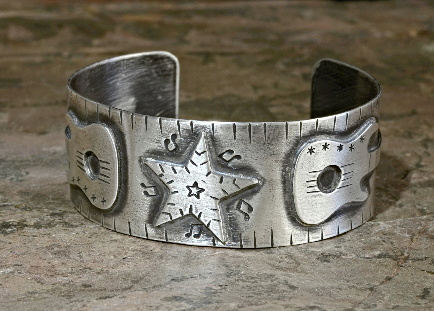Guitars and stars sterling silver cuff bracelet